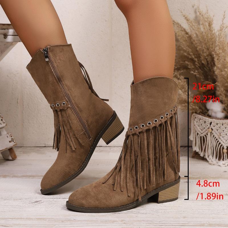 Plus Size Fringe Boots Women's Winter 2025 New Vintage Side Zipper Western Cowboy Boots