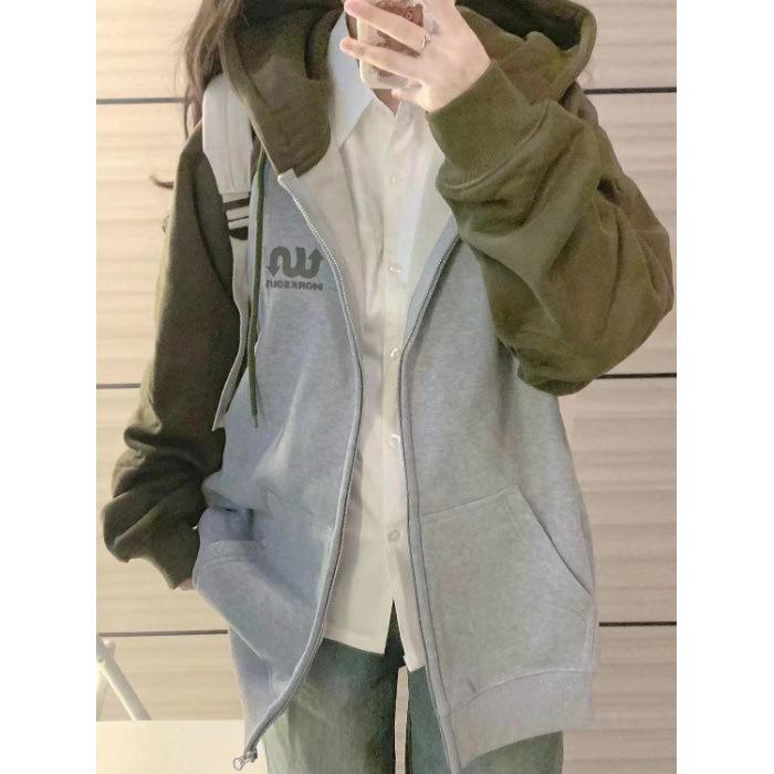 Women's Oversized Retro Color Block Patchwork Hooded Sweatshirt Jacket for Autumn