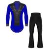 Mens Latin Dance Costume Glittery Rhinestones V Neck Long Sleeve Satin Patchwork Bodysuit Tassel Flared Pants Stage Set