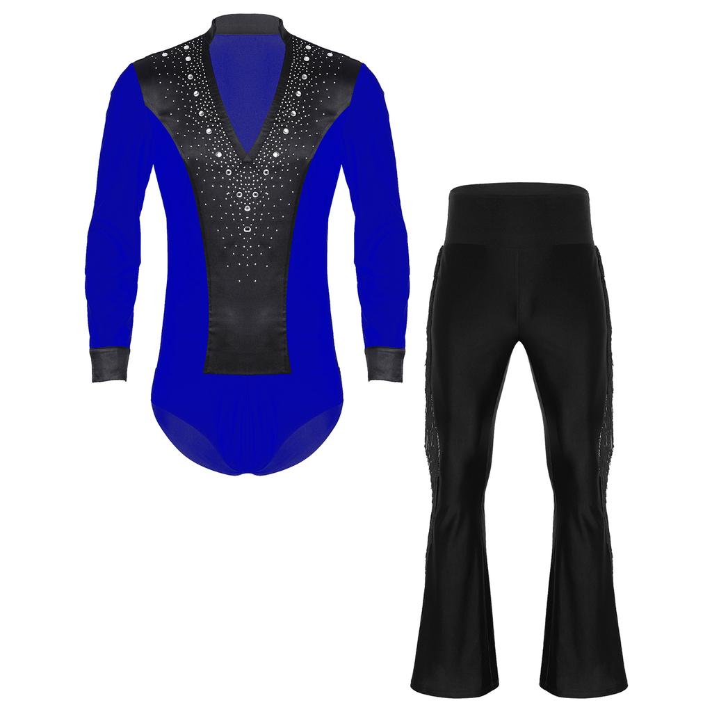Mens Latin Dance Costume Glittery Rhinestones V Neck Long Sleeve Satin Patchwork Bodysuit Tassel Flared Pants Stage Set
