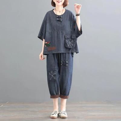 Traje de Verano, Hebilla de Placa Bordada, Holgado, Talla Grande, Delgado, Cubre-carne, Traje de Dos Piezas Retro, Moda Vaquera