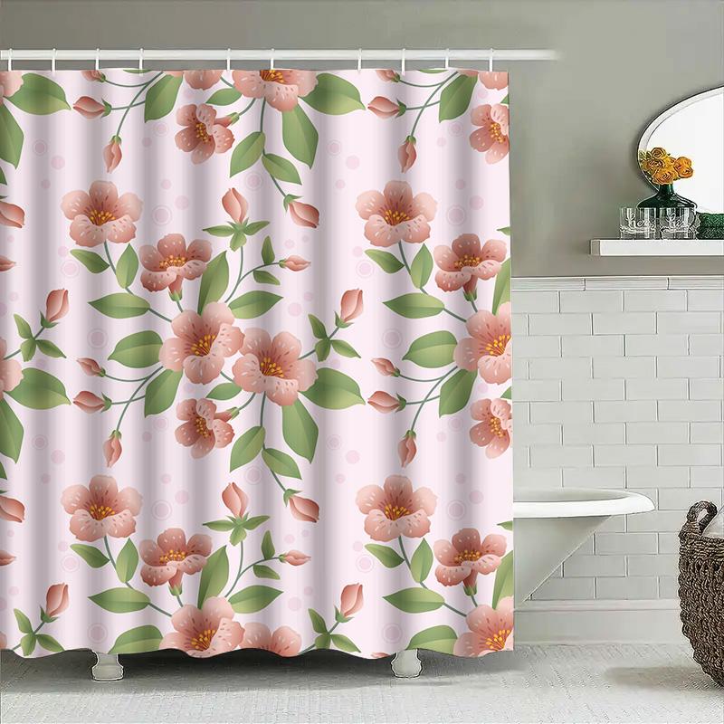 Charming Pink Blossom Shower Curtain For Bathroom Decor Waterproof Fabric With Green Leaves Pattern Perfect Gift Idea For Housew