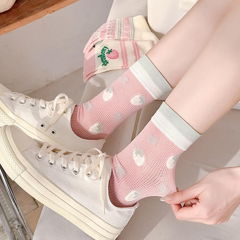 Pink And White Socks Women'S Summer Mesh Hollow Cool Tube Socks Women'S Stacking Socks Cute Strawberry Girl Socks
