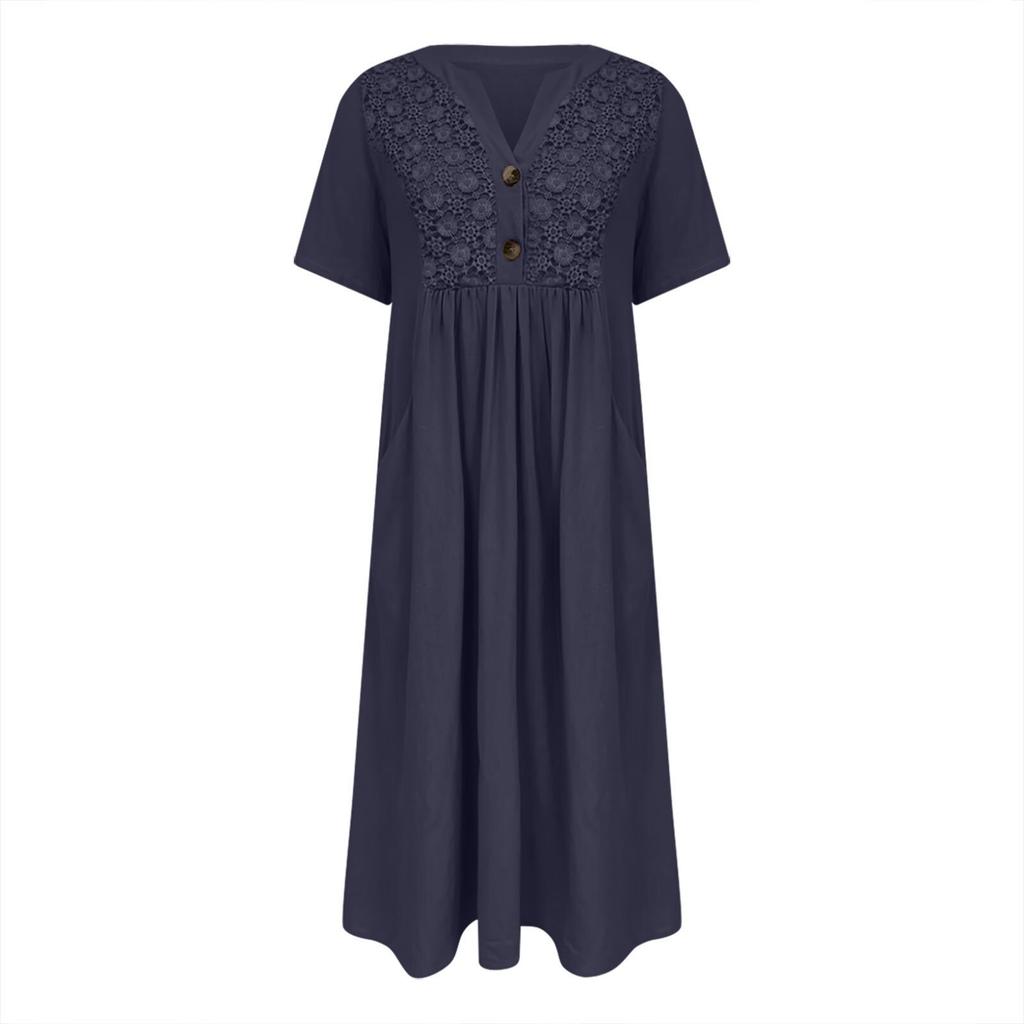 Summer Dresses For Women Boho Maxi Dress Short Sleeve V Neck Dresses Fashion Dress with Pockets