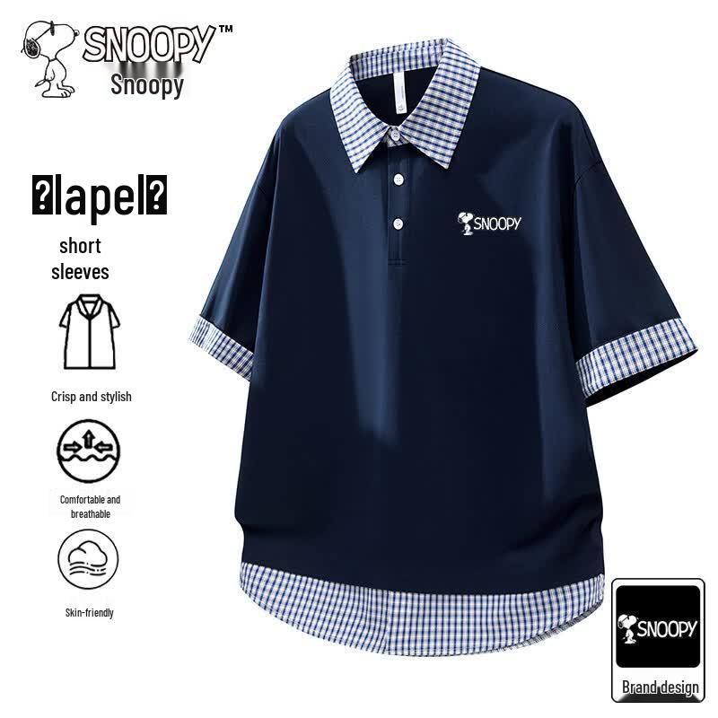 Snoopy Men s Faux Two-Piece Lapel Short Sleeve T-Shirt 3XL темно-синий