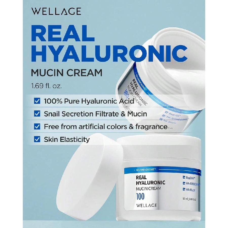 WELLAGE Real Hyaluronic Mucin Cream 50ml - Korean Daily Face Gel Moisturizer - Ultimate Hydration And Elasticity With Pure Hyaluronic Acid