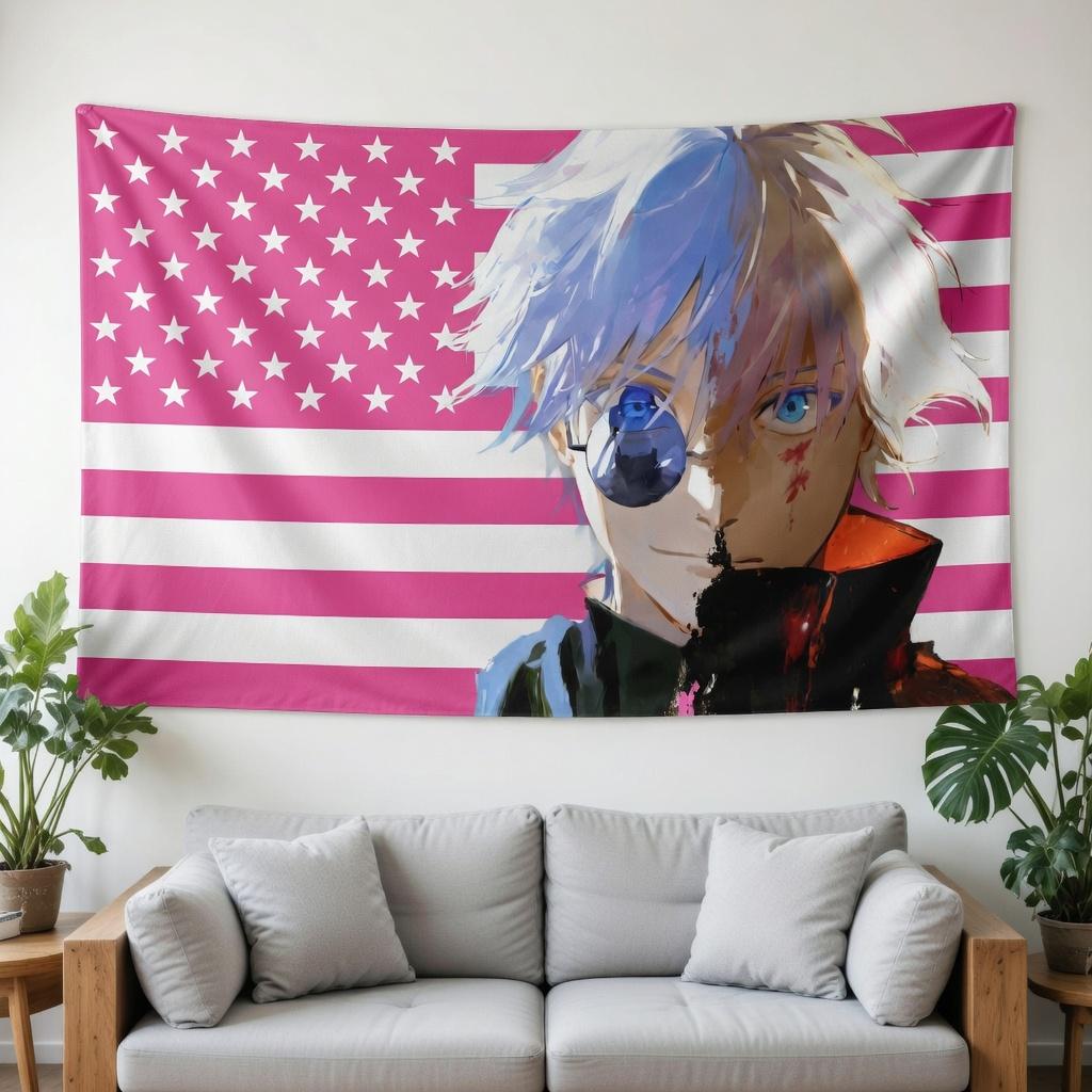 Japanese Anime Style Cool Guy Tapestry Flat Print Pink Star Stripe Flag Wall Art For Living Room Bedroom Dormitory Decor