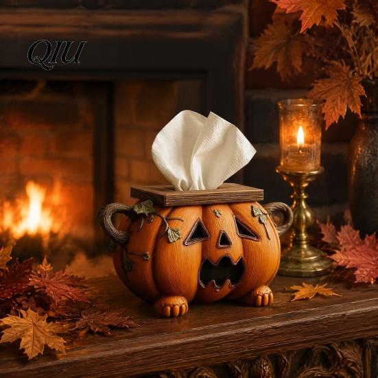 Funktionale Feiertagsdekoration Halloween Kürbis Taschentuchbox, Harz Dekorativer Gesichtsspender, Herbstthemed Home Accents Kreativer Papierhandtuchhalter