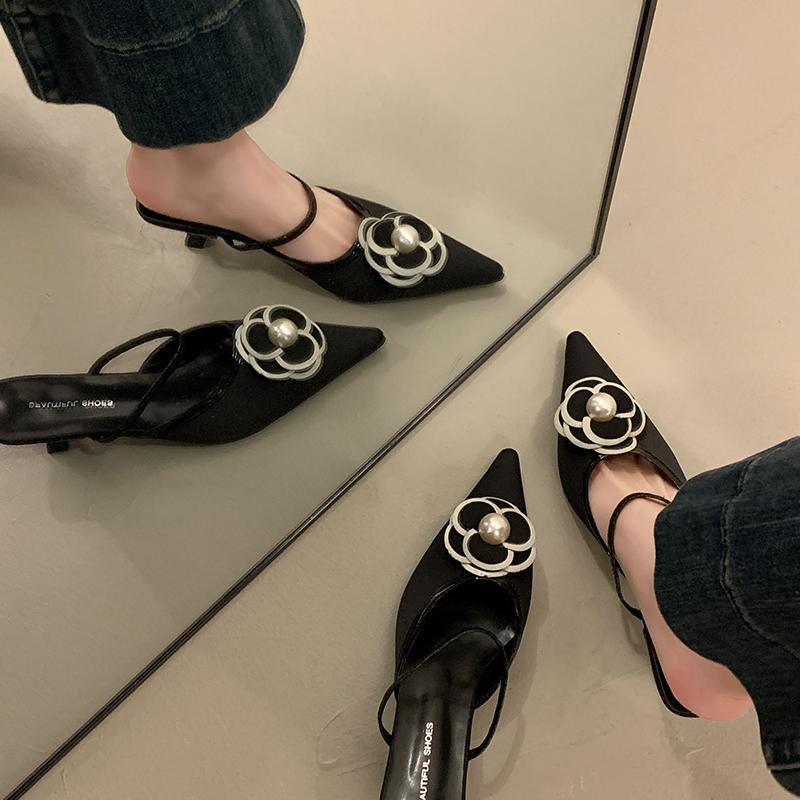 Chaussons d'été de luxe pour femme à bout ouvert et motif floral, Pantoufles mode à talon moyen, Escarpins de soirée, Claquettes sexy, Sandales de banquet et de strip-tease