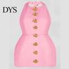 Women Dress Summer Party Backless 3D Rose Flower Halter Neck Solid Color Off Shoulder Sleeveless High Waist Slim Fit Prom Wedding Mini