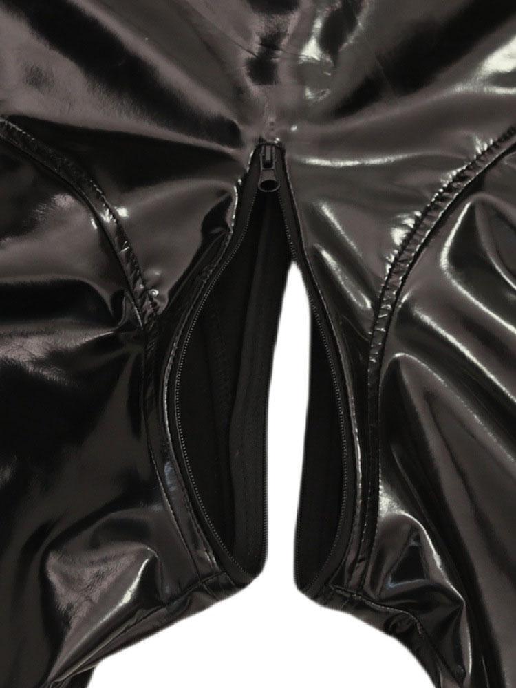 Sexy Zentai Faux Latex Leather Hollow Out Breast Jumpsuit Wetlook Exotic Cosplay Full Body Bodysuit Elastic Shaping Tights