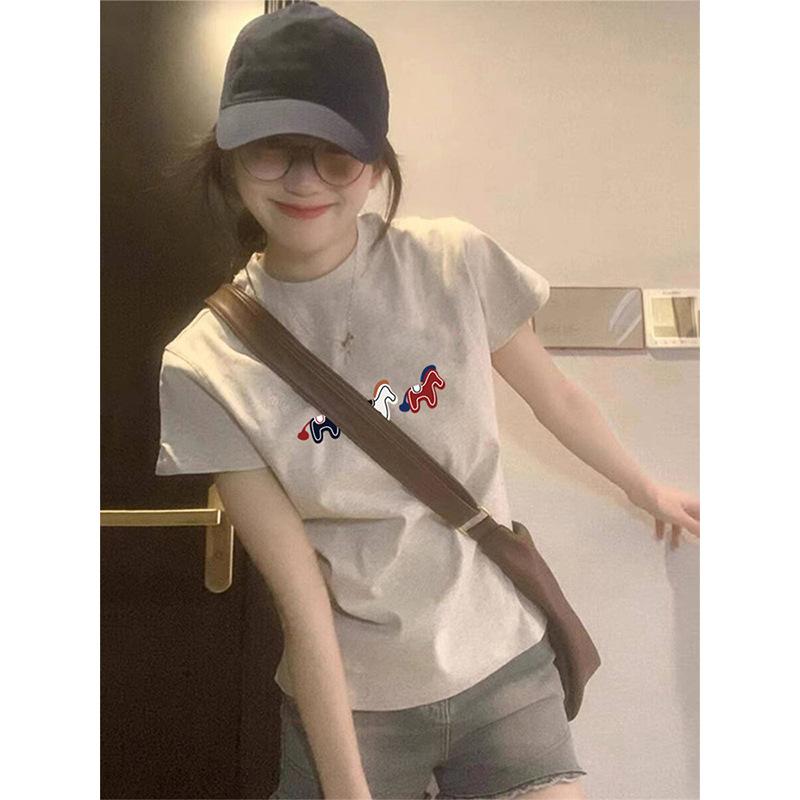 New Shoulder Cotton Short-sleeved T-shirt Women's Fashion Versatile Foreign Style Printed White Top Bottoming Shirt Summer