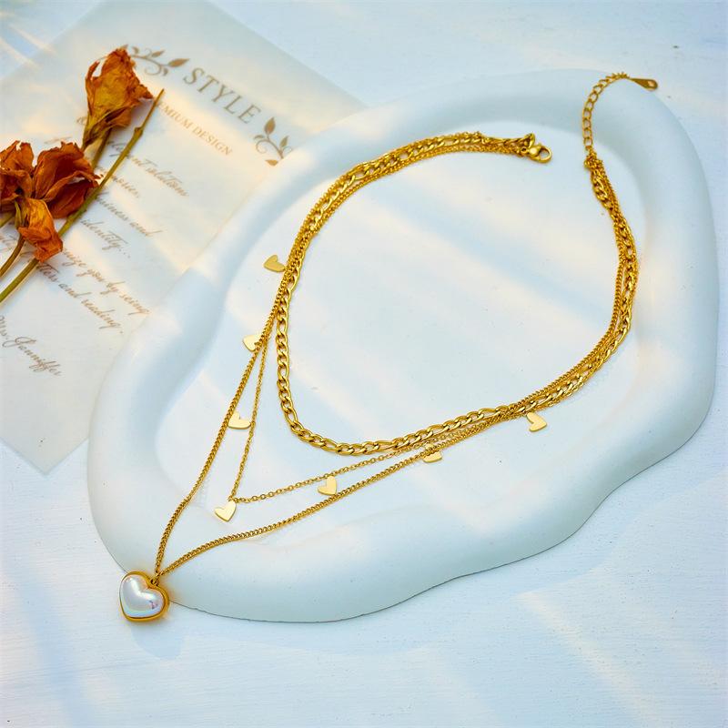 Gold Plated Stainless Steel Double Layer Heart Charm Necklace with Mother of Pearl Pendant