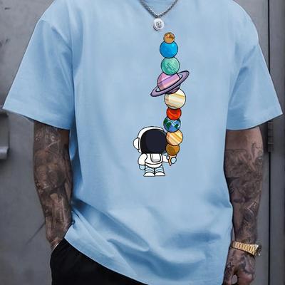 Men's Summer 100% Cotton Fashionable Casual Loose Polyester Astronaut Planet Pattern Printed Round Neck Short Sleeve T-shirt Top