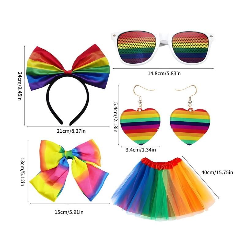 Kostüm-Set Regenbogenfarben Stirnband Ohrringe Brille Rock Beinärmel Lange Handschuhe Damen Halloween Kostüm Zubehör