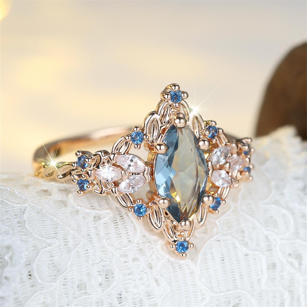 Marquise Stone Blue Crystal Flower Rings For Women Vintage Gold Color Engagement Ring Wedding Jewelry Versatile Gifts