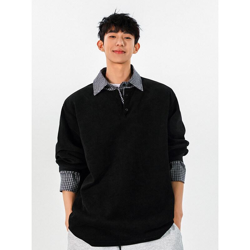 

Винтажная мода С длинным рукавом Сплайсинг Универсальный свитер Пара Поддельный Двухкомпонентный С воротником-рубашкой Свитер 3XL чёрный