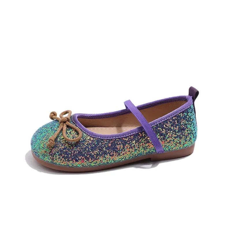 Little Girl Leather Shoes Sequins Fashion Children's Flats for Ballet Versatile Round-toe Kids Causal Princess Shoes Soft Bottom