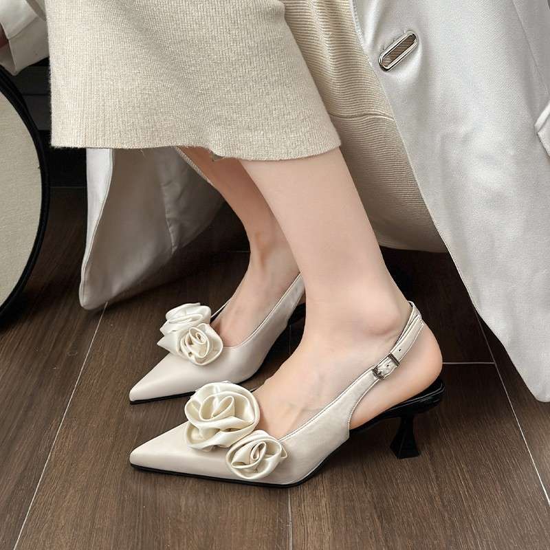 French high heels women's summer medium stiletto small heel flower satin pointed single shoes evening bag head one-word buckle sandals tide
