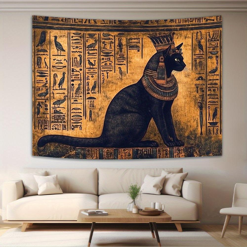 Egyptian Cat Tapestry, Ancient Hieroglyphs Wall Art for Bedroom or Living Room, Large Decorative Hanging, Add Historical Charm