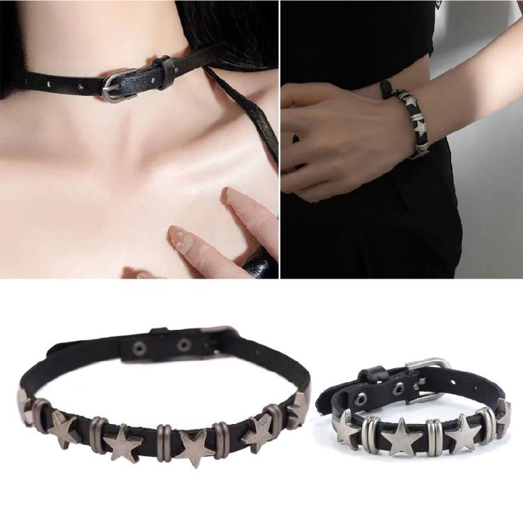Harajuku Star Pentagrams Rivet Leathers Choker for Women Sweet Trend Bracelet