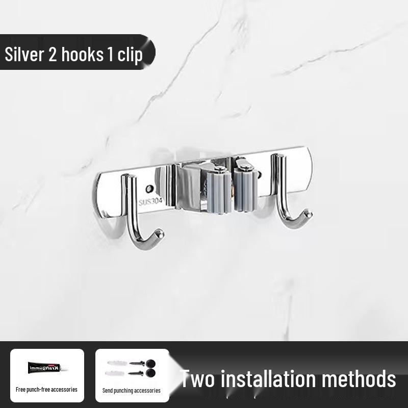 No-Drill Wall-Mounted Stainless Steel Broom and Mop Storage Rack with Shelf