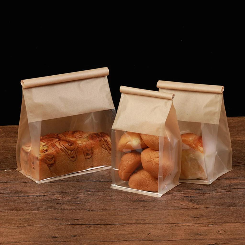 10pcs Kraft Paper with Window Bread Packaging Bags Oil-proof Breakfast Cookie Breat Supplies Party Food Toast Clear Celebrate