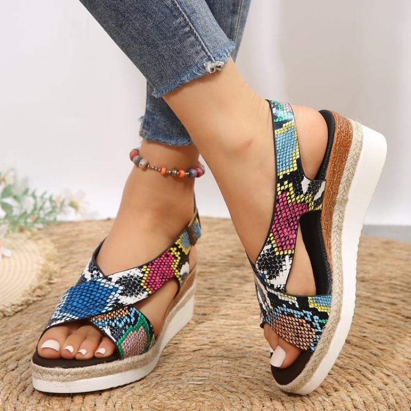 Dámské sandály na klínku, letní, ležérní, na platformě, módní, s otevřenou špičkou, s potiskem, sandály Rome, dámské plážové sandály, sandály Sandalias De Mujer