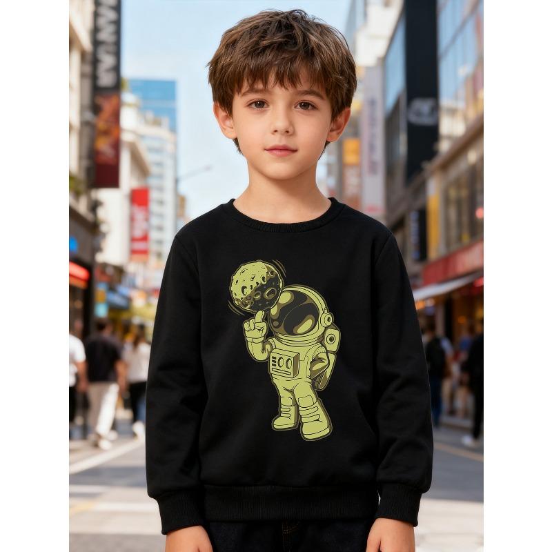 European sizes Kids' Stylish Round-Neck Pullover, Long-Sleeve Top, Featuring a Astronaut Print, Suitable for Casual Wear And Outdoor Activities