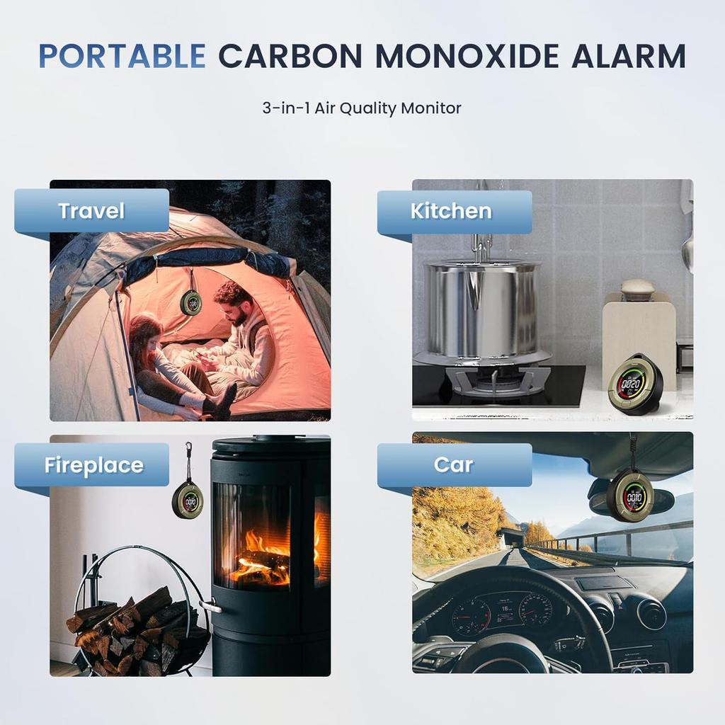 Portable Carbon Monoxide Detector for Travel, 120H Battery Safe Alert RV CO Detector Smoke Detector for Camping, Hotel Room Travelling Air Quality