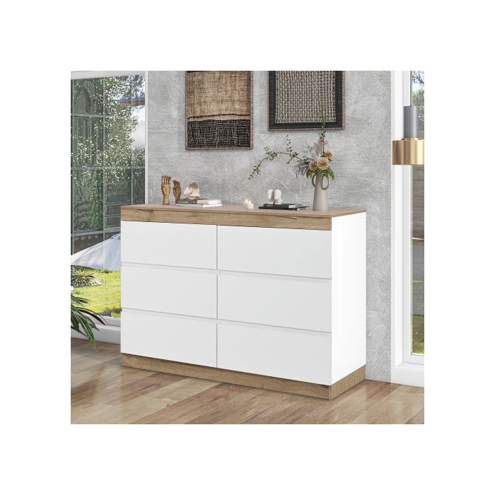 Commode Avec 6 Tiroirs, Casier, Fonction De Rangement, Pour Chambre Et Salon, Panneau De Particules E1, Blanc+oak