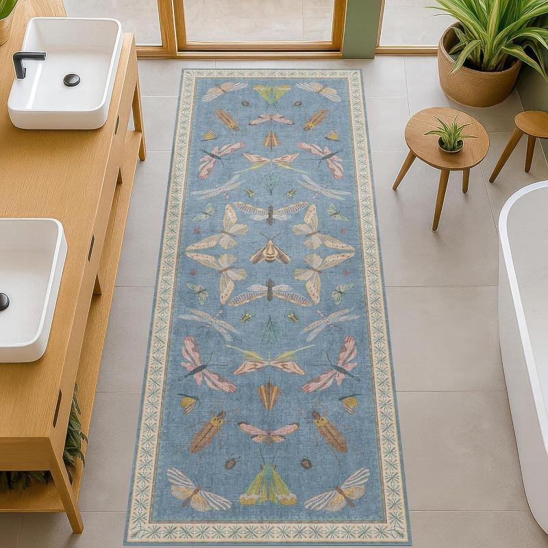 Insekt Fjäril Trollslända Tryckt Långmatta Boho Naturtema Matta Absorberande Halkfri Matta för Hall Vardagsrum Sovrum