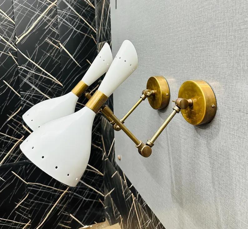 Mid Century Italian Stilnovo Wall Sconce Pair: Brass Adjustable Bedside Lamps