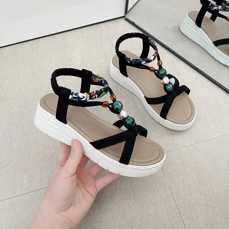 

2025 Hot Sale Spring and Summer New Lightweight Comfortable Wedge Sandals Women s Elastic Sandals All Fashion Trend 36 чёрный