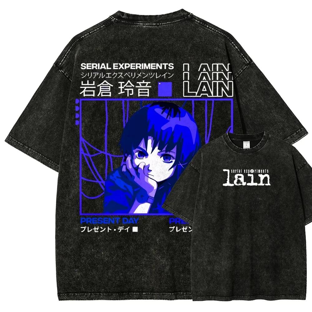 T-shirt Grafica Classica Retrò Anime Serial Experiments Lain Vestibilità Larga Casual Oversize Cotone Lavato Vintage Top Streetwear