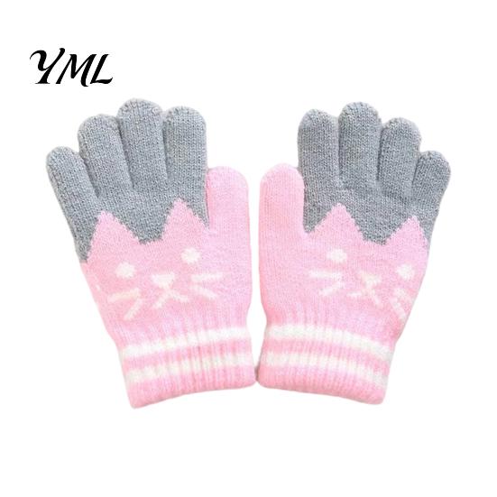 Playful Jacquard Gloves for Daily Wear 1 Pair Kids Winter Gloves, Cozy Thick Lined Mittens with Flexible Knitted Writing Playing Cute Cat Pattern,