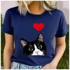 Unisex 100% Polyester Cute Black White Heart Cat Print Loose round Neck Casual Short Sleeve T-Shirt Fashion Summer Top