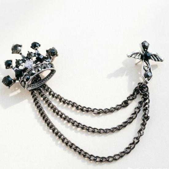 Men's Brooch Pin with Chain, British Crown Cross Angel Lapel Pin, Rhinestone Suit Badge with Tassel Chain for Men, Formal Wedding Party Suit Jacket