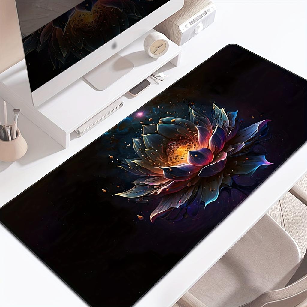 Elegant Black Lotus Flower Large Gaming Mouse Pad Non-Slip Rubber Stitched Edges Desk Mat for Laptop Desktop Office MousePads