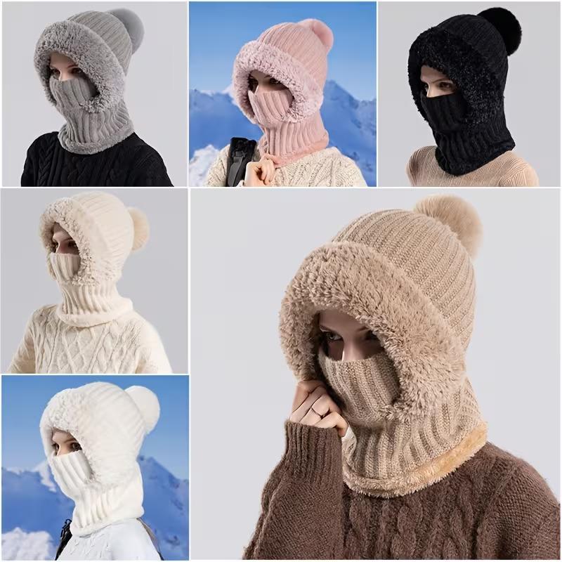 Autumn and Winter Women Fleece Lined Knitted Hat Scarf Mask One Piece Full Face Protection Windproof Thick Warm Hood