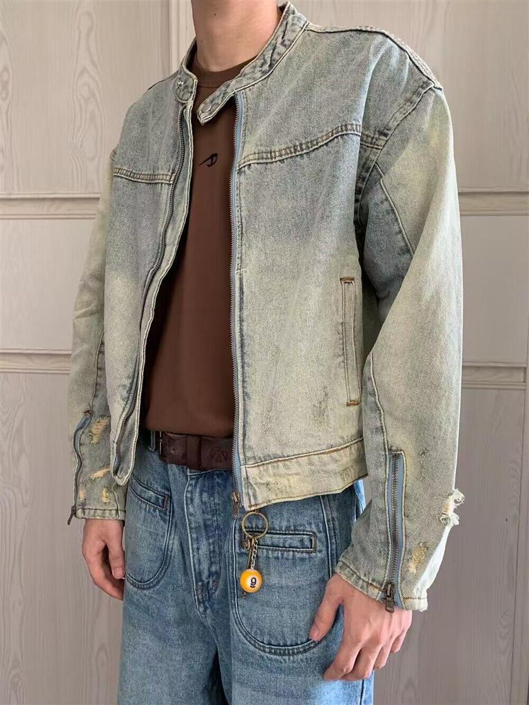 Men's Retro Stand Collar Denim Jacket - Japanese Style Washed Design for Couples, Trendy Spring and Autumn Wear.