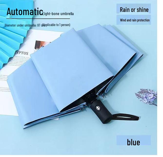 Vollautomatischer dreifach faltbarer UV-Schutz-Schirm mit schwarzem Kleber und Logo für Regen oder Sonne