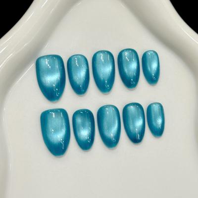 Glass Bead Cat Eye Almond Nails, Handmade Reusable Press On Nails, Solid Blue Color