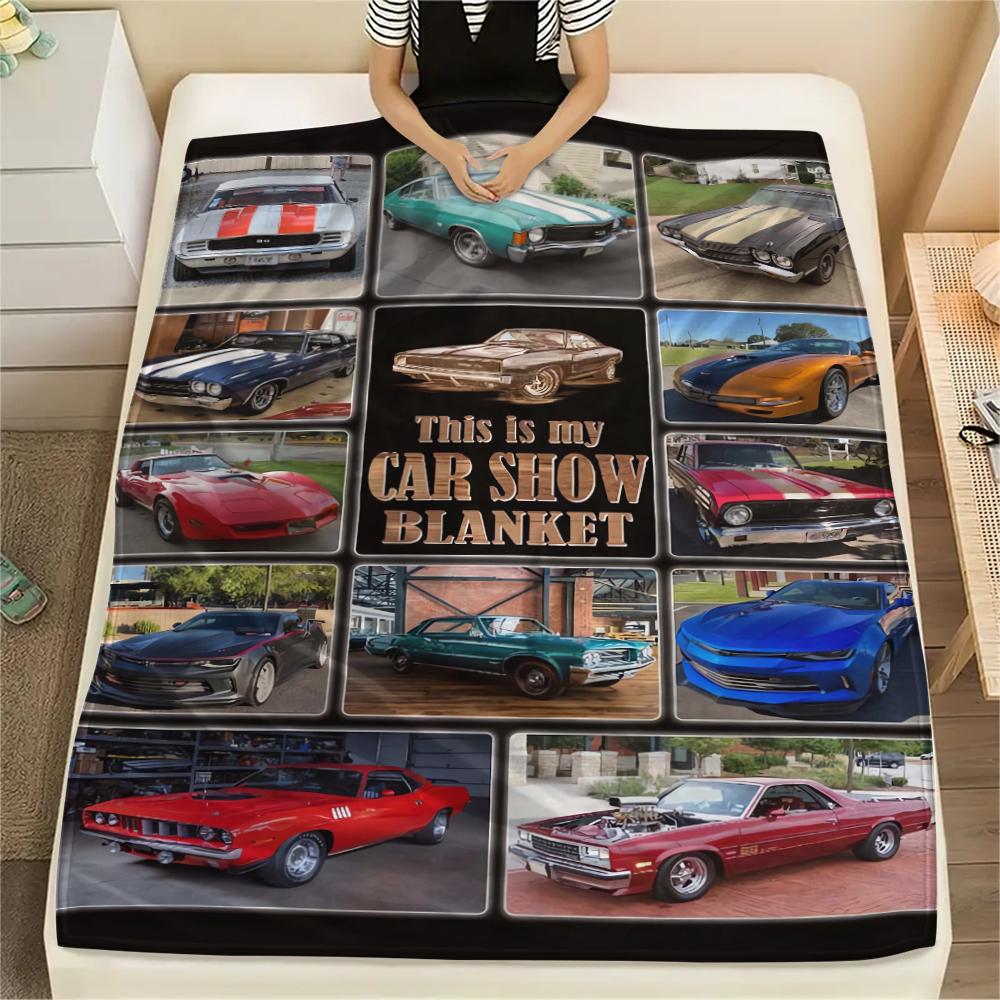 1Pc Vintage Car Print Flannel Blanket, High Quality Comfortable for All Seasons, Home Decor, Warmth and Comfort, Perfect for Christmas Gifts