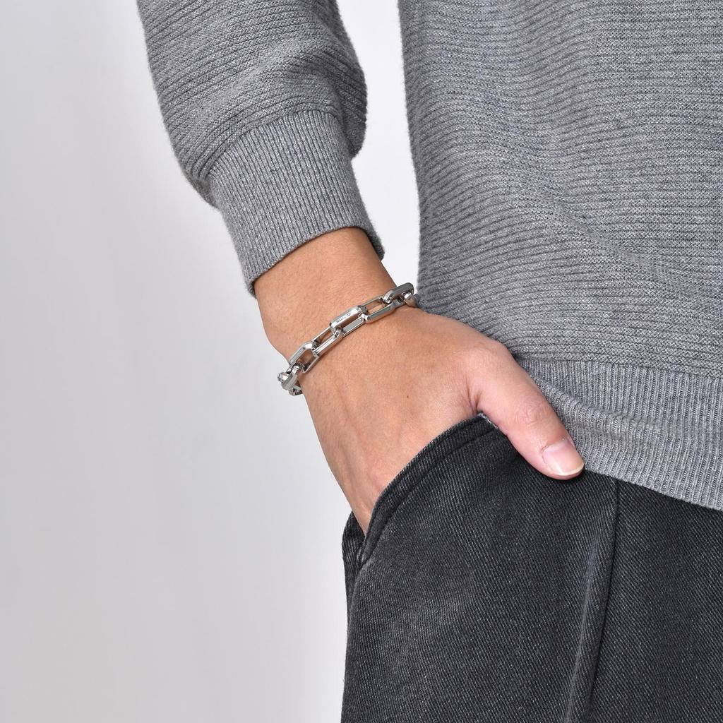 Casual Rectangle Chain Bracelets for Men Boys,Silver Color Stainless Steel Wristband,Punk Anniversary Jewelry Gifts