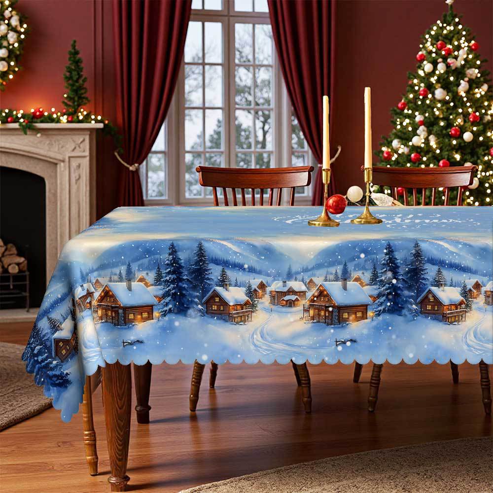 Christmas Table Blue Decorative Cloth, Waterproof And Oil-Proof Snow View House Tablecloth European-Style Warm Holiday Atmosphere Layout