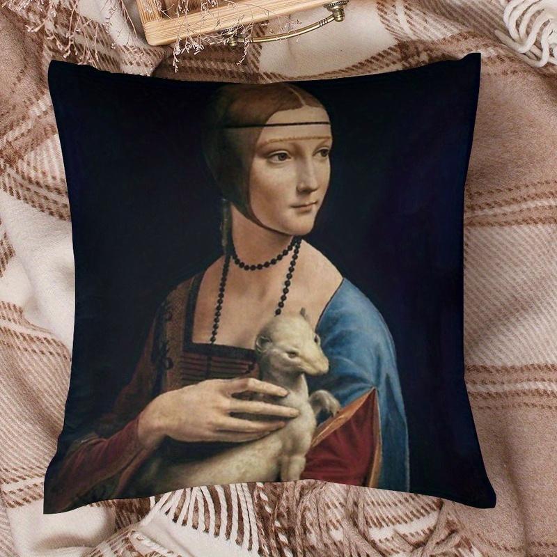 1Pc Lady With An Ermine Art Pillow Cover, Polyester 2D Double-Sided Print Cushion Case, Da Vinci Famous Painting Throw Pillowcas