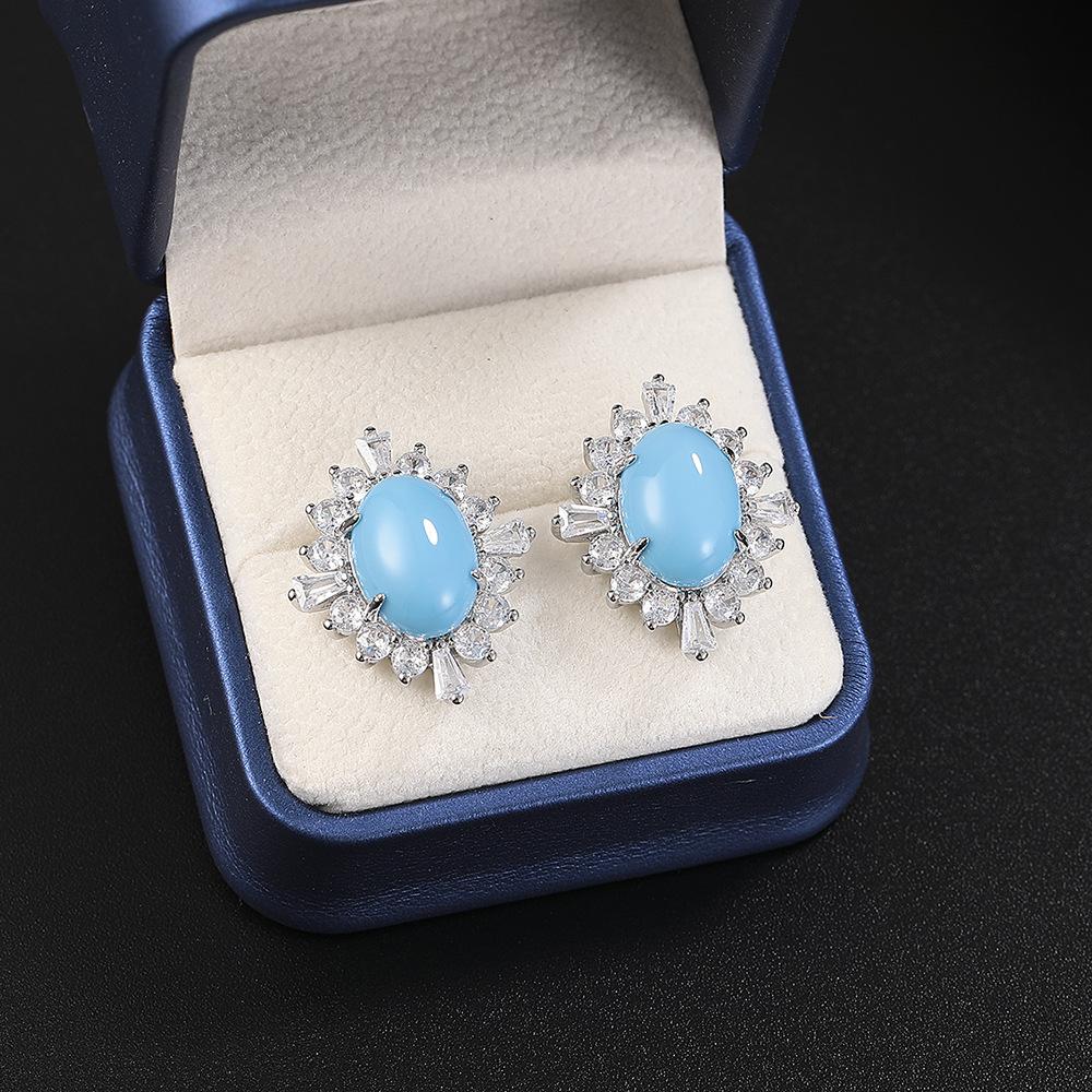 925 Sterling Silver Fashion Vintage Paraiba Pa Blue Full Diamond Zircon Pendant Ring Stud Earrings Set Ladies Jewelry