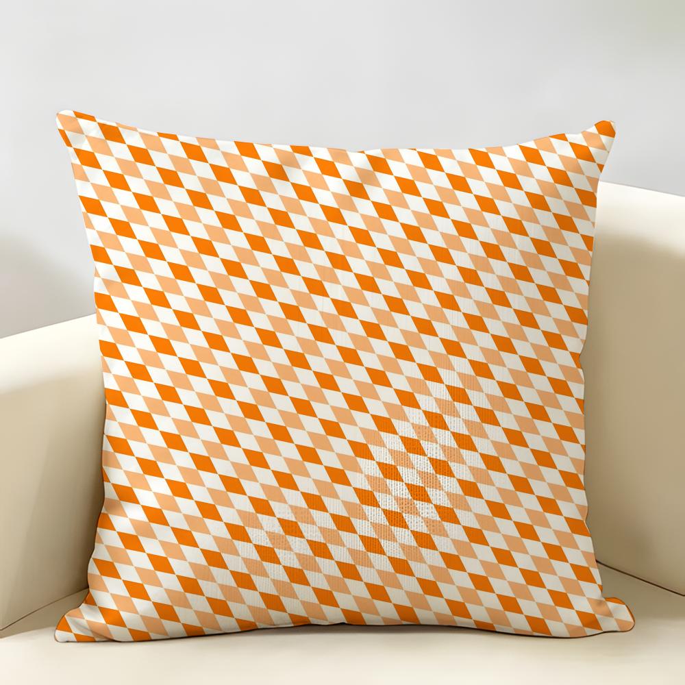 Orange Checkered Polka Dot Geometry Cushion Cover Natural Linen Organic Fabric Printing Breathable Perfect For Home Decor