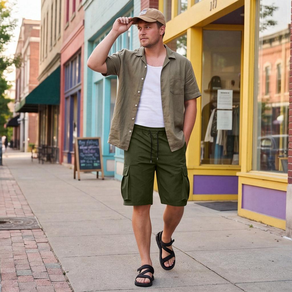 Men's Relaxed Fit Cargo Shorts with Multiple Pockets Drawstring Waist Casual Lightweight Knee Length Bottoms for Everyday Wear